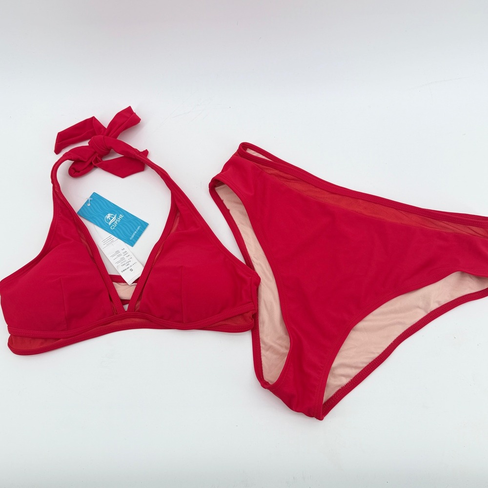 Cupshe Womens Red Mesh Trim Halter Bikini Set High Waist Two Piece Small NEW